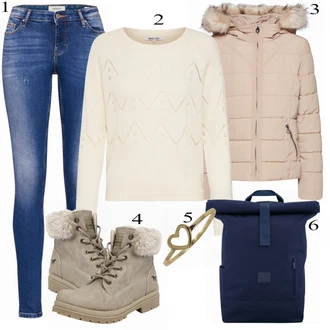 Outfit s Krémová/Béžová/Khaki/Bílá Basic Svetr/Svetr Carmen/Kašmírový Svetr/Svetr s Výstřihem/Svetr z Jemné Pleteniny/Kašmírový Svetr/Pletený Svetr/Svetr Niki/Norský Svetr/Jednoduchý Svetr/Svetr s Třásněmi/Vintage svetr/Vlněný Svetr About You "O Vás Pullover"