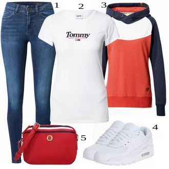 Outfit s Bílá Dlouhý Zimní Kabát/Dlouhé Šaty/Dlouhá tylová sukně/Šaty s výstřihem Tommy Jeans "Denní Outfit"