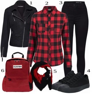 Outfit s Červená/Fialová/Hnědá Flanelová košile/Károvaná Košile About You "Denní Outfit"