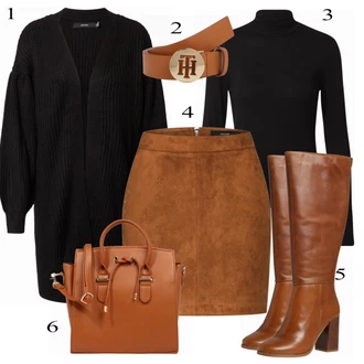 Párty Outfit s Hnědá/Tmavě hnědá Krátká Sukně/Sukně z umělé kůže/Manšestrová Sukně/Kožená MiniSukně/70tá Léta MiniSukně/Kožená Sukně VERO MODA "Podzimní výrazný vzhled"Look: Bar, Karneval, Koncert, Festival, Matriční úřad, Párty