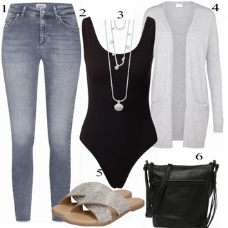 Outfit s Šedá/Stříbrný/Béžová/Hnědá Plochá svatební bota/Sandál se třpytkami/Espadrille sandál About You "Stylové kombinace pro volný čas"