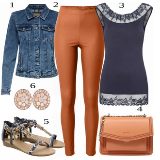 Outfity pro léto s Oranžová/Hnědá/Béžová Kožený legíny/Legíny s Vysokým Pasem/Legíny Kožený Vzhled/Legíny s Rozparkem/Neprůhledný Legíny/Tregíny/Latexové legíny/Formovaná Legína Vila "Pestrý letní outfit"