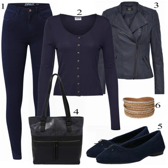 Elegantní Outfit s Tmavě modrá Kožená bunda/Zimní bunda/Kotníková Bota/Termální Džíny/Dámské Džíny s Délkou 7/8/High Waist Džínové Kalhoty/Push up Džín/Kožené Boty Only "Modrý Look"Look: Styl, Šik, Elegantní, Cool, Disko, Francouzské, Krásný, Old Money, Bezešvé