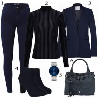 Šik Outfit s Tmavě modrá Džíny Kožená bunda/Zimní bunda/Kotníková Bota/Termální Džíny/Dámské Džíny s Délkou 7/8/High Waist Džínové Kalhoty/Push up Džín/Kožené Boty Only "Modrý Look"Look: Styl, Šik, Elegantní, Cool, Disko, Francouzské, Krásný, Old Money, Bezešvé