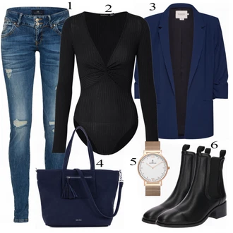 Ležérní outfity Business Léto s Tmavě modrá/Modrá/Pastelové barvy/Hnědá "Boohoo Blusenbody"Look: Kancelář, Business, Mom