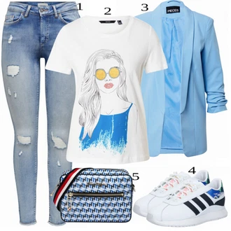 Fotbal Outfit s Modrá/Světle modrá/Bílá/Krémová/Vícebarevný Bowlingová bota/Fotbalová Bota/Bota na házenou/Kopačka/Tenisová bota/Volejbalová bota Adidas Originals "Jarní Outfit"Look: Bowling, Florbal, Fotbal, Házená, Bruslení