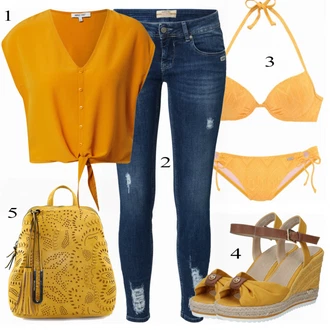 Outfit s Žlutá/Hnědá Bikina - Horní Díl Kožené bundy pro muže/Top bikin s vysokým výstřihem/Horní díl bikin Bralette/Kožené pásky pro muže/Push-up vršek bikin/Bikinový vršek s kosticí/Bikini Crop Top/Balconette Buffalo "Ulice Styl Outfit"