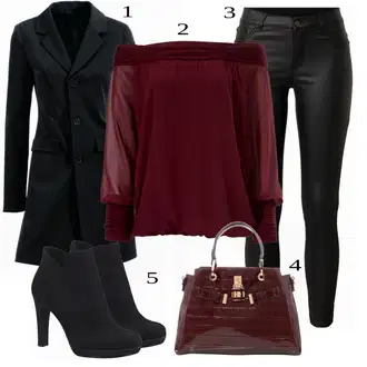 Podzim Outfit s Fialová/Červená/Vínová/Růžová/Tmavě červená Crash blůza/Halenka s Nafouknutým Rukávem/Halenka s Mašlí/Halenkový Top/Slip-on Halenka/Kožená bunda/Jednobarevná Halenka/Halenka s Dlouhým Rukávem/Halenkové Body/Kožená bunda pro muže Heine "Podnikatelský Vzhled"