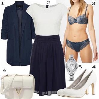 Elegantní Outfit s Bílá/Tmavě modrá/Modrá/Fialová Plisované Šaty/Šaty na Konfirmaci/Ležérní Šaty/2-v-1 šaty/Šaty s Kapsou/Šaty Do Áčka/Občanské šaty/Společenské šaty pro hosta/Midi Šaty About You "Krásný outfit do kanceláře"Look: Blokování barev, Old Money, 20 léta, 30 léta, Námořní, Kancelář, Univerzitní, Moderní, Elegantní, Krásný
