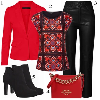 Outfit s Černá/Hnědá/Oranžová Kožená Kalhoty/Kožené zvonové kalhoty/Kalhoty s nášivkou uprostřed/Kalhoty z Umělé Kůže/Kalhoty se Štěrbinou/Culotte Kalhoty Edited "COMMA Tričko"