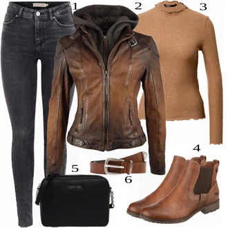 Outfit s Hnědá/Béžová Chelsea Boty/Kožená bunda/Plochá Kotníková Bota/Jezdecká Bota Mustang "Cool Look pro jaro"