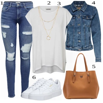 Vintage outfity Moderní s Bílá/Krémová Tričko/Jednoduchý top/Tričko s vodopádovým výstřihem/Pletené tričko/Síťované tričko/Muskulární Tričko/Tričko nadměrné velikosti/Krátký top/Zavinovací Tričko Noisy may "Hezký jarní outfit"Look: Moderní, Příliš oblečený, Nadrozměrné, Unisex