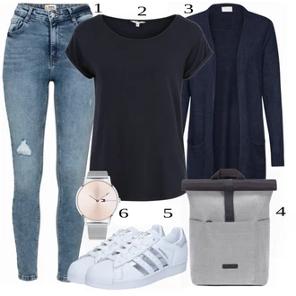 Nadrozměrné Zapínání na knoflíky Outfit s Tmavě modrá Pletenina veľkej veľkosti/Šaty Móda Pro Plnoštíhlou Vila "Cool každodenní outfit"Look: Kancelář, Old Money, Příliš oblečený, Nadrozměrné, Univerzitní