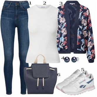 Károvaný Outfit s Modrá/Tmavě modrá/Světle modrá Kalhoty Džínové Legíny/Jeggings VERO MODA "1"