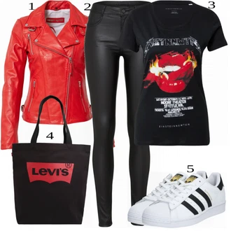 outfit mit Rdeča Usnjena Jakna Freaky Nation "1"