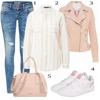 Outfit sa Pink/Bež/Plava Kožna Jakna Freaky Nation "Cool za slobodno vrijeme"