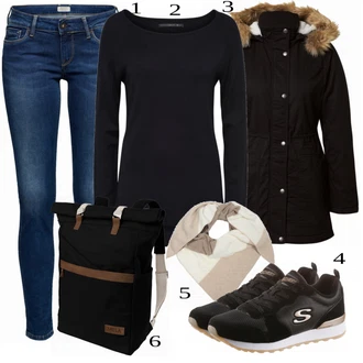 Outfit s Modrá/Tmavě modrá Kožená bunda/Džíny s Nízkým Sedem/Džíny s Rozparkem/Push up Džín/Džín s Nízkým Pasem/Kožené Boty/Kotníková Bota/Slim Fit Džíny Pepe Jeans "Cool pro volný čas"