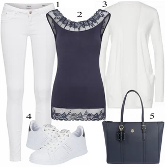 Výstřih na ramena Outfit s Tmavě modrá/Modrá Pletený top/Krajkované tričko/Krajkový Top/Krátký top/Halenka Bez Rukávů Cream "Cream Top"