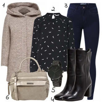 Elegantní Outfit s Tmavě modrá Kožená bunda/Zimní bunda/Kotníková Bota/Termální Džíny/Dámské Džíny s Délkou 7/8/High Waist Džínové Kalhoty/Push up Džín/Kožené Boty Only "Diana"Look: Styl, Šik, Elegantní, Cool, Disko, Francouzské, Krásný, Old Money, Bezešvé