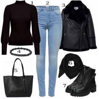 Motorka Outfit s Černá Kozačka Motorkářská bota/Kozačka se zipem/Plochá Kotníková Bota/Kožená kotníková bota/Chelsea Boty/Kotníková Bota s Podšívkou About You "Nápadný look na podzim"Look: Jízda na koni, Motorka, Pracovní