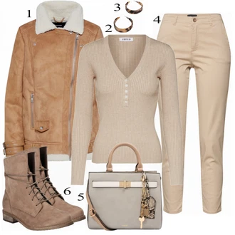 Výstřih henley Outfit s Béžová/Hnědá/Khaki Basic Svetr/Svetr Carmen/Kašmírový Svetr/Kašmírový Svetr/Pletený Svetr/Svetr Niki/Polo Svetr/Jednoduchý Svetr/Svetr s V-výstřihem/Vlněný Svetr Edited "Edited Svetr"