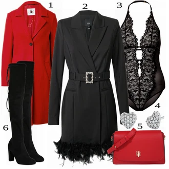 Sexy Outfit s Černá Kozačka nad Kolena/Kožená Kozačka nad Koleno/Dlouhá Kozačka/Plochá kozačka nad koleno/Kozačka po Kolena About You "Elegantní Večerní Oblečení"Look: Ležérní, Elegantní, Cool, Slavnostní, Old Money, Příliš oblečený, Sexy