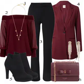 Podzim Outfit s Fialová/Červená/Vínová/Růžová/Tmavě červená Crash blůza/Halenka s Nafouknutým Rukávem/Halenka s Mašlí/Halenkový Top/Slip-on Halenka/Kožená bunda/Jednobarevná Halenka/Halenka s Dlouhým Rukávem/Halenkové Body/Kožená bunda pro muže Heine "Elegantní Vzhled"