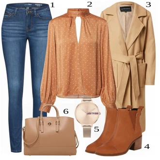 Outfit s Hnědá/Oranžová Halenka se Stojatým Límcem/Dětská hračka/Halenka s Trychtýřovým Límcem/Rozverná blůza/Halenkové Body Edited "Elegantní Business Outfit"