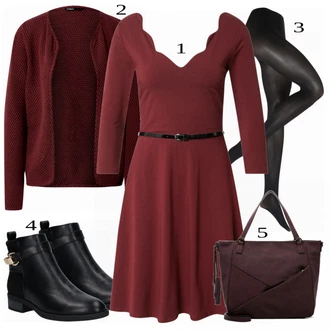 Outfit s Tmavě červená/Červená/Fialová Šaty s 3/4 Rukávem/Skater šaty/Šaty s dlouhým rukávem/Šaty Fit & Flare/Šaty s Páskem/Žerzejové Šaty/Zimní šaty s dlouhým rukávem/Šaty na Podzim/Šaty Do Áčka About You "Outfit na podzim"