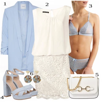 Elegantní Outfit s Krémová/Růžová/Bílá Šaty peplum/2-v-1 šaty/Občanské šaty/Halenkové Šaty/Šaty na Konfirmaci Heine "Letní večerní outfit"Look: Lehký, 20 léta, Elegantní, Old Money, S průsvitem