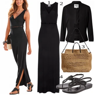 Outfit s Černá Pouzdrová Šat/Dlouhé pletené šaty/Dlouhé Saténové šaty/Šaty Bez Ramínka/Maxi Šaty/Dlouhé Šaty/Šaty S Rovným Střihem/Šaty s Rozparkem Lascana "Letní vzhled pro módní ženy"