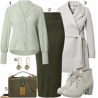 Pilates Outfit s Bílá/Tmavě zelená/Zelená/Béžová Visací/Přívěsek do ucha Pilgrim "Elegantní Zimní Outfit"Look: Pilates, Kriket, Pracovní