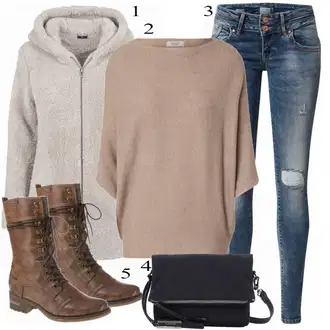 Outfit s Šedá/Hnědá/Béžová/Khaki/Fialová Fleecový Kabát/Kožich Kabát/Kabát Bouclé/Kabát s Kapucí/Vlněný Fleecový Kabát/Teddy Kabát/Pletený Fleecový Kabát About You "Elegantní zimní outfit"