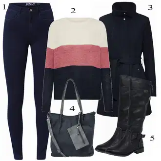 Šik Outfit s Tmavě modrá Džíny Kožená bunda/Zimní bunda/Kotníková Bota/Termální Džíny/Dámské Džíny s Délkou 7/8/High Waist Džínové Kalhoty/Push up Džín/Kožené Boty Only "Emily"Look: Styl, Šik, Elegantní, Cool, Disko, Francouzské, Krásný, Old Money, Bezešvé