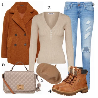 Výstřih henley Outfit s Béžová/Hnědá/Khaki Basic Svetr/Svetr Carmen/Kašmírový Svetr/Kašmírový Svetr/Pletený Svetr/Svetr Niki/Polo Svetr/Jednoduchý Svetr/Svetr s V-výstřihem/Vlněný Svetr Edited "FELIPA Cowboy Boots"