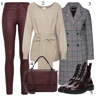 Outfit s Tmavě červená/Vínová/Fialová/Růžová Kožená bunda/Kotníková Bota/Motorkářské Džíny/Capri Džíny/Zkrácené Džíny/Džíny s Rozparkem/Slim Fit Džíny/Kožené Boty/Termální Džíny/Kožená Pánská Bund Vila "Oblíbený"