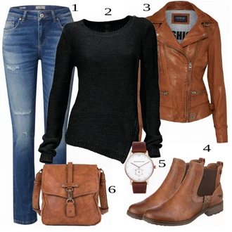 Outfit s Hnědá/Béžová Chelsea Boty/Kožená bunda/Plochá Kotníková Bota/Jezdecká Bota Mustang "Ležérní Outfit"