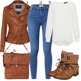 Outfit s Krémová/Bílá Halenkový Top/Halenka s Dlouhým Rukávem/Slip-on Halenka/Halenka se Stojatým Límcem/Kožená bunda pro muže/Crash blůza/Dětská hračka/Sportovní Halenka/Mušelínová Halenka/Blůza s nášivkou na lokti Object "Jarní Outfit"
