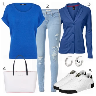 Nadrozměrné Outfit s Modrá/Světle modrá Jednoduchý top/Mužské běžecké boty/Neformální tričko/Fancy tričko/Pletené tričko/Košile Carmen/Tričko nadměrné velikosti/Košilový top/Tričko s krátkým rukávem/Krátký top/Sportovní tričko/Zavinovací Tričko Only "Perfektní na jaro"Look: Cool, Krásný, Mom, Nadrozměrné, Skromné, Unisex