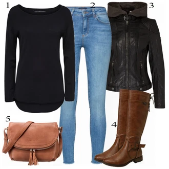 Outfit s Modrá Kožená bunda/Svetrová Vest Dlouhý svetr/Midi Kabát Pieces "Podzimní Outfit pro každodenní nošení"