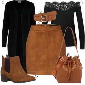 Festival Outfit s Hnědá/Tmavě hnědá Krátká Sukně/Sukně z umělé kůže/Manšestrová Sukně/Kožená MiniSukně/70tá Léta MiniSukně/Kožená Sukně VERO MODA "Perfekt na podzim"Look: Bar, Karneval, Koncert, Festival, Matriční úřad, Párty