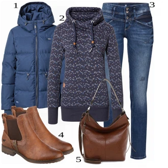 Italský Maxi Outfit s Modrá/Tmavě modrá Slim Fit Džíny/Rovná Džína/Džíny s Rozparkem/Džíny Regular Fit/Zimní bunda/Džíny s Dírou/Kožená bunda/Kotníková Bota/Džíny s Nízkým Sedem/Girlfriend Džíny/Zužující se Džíny/Kožené Boty Tom Tailor "Podzimní outfit na volný čas"Look: Ležérní, Cool, Egirl, Francouzské, Italský, Moderní, Chytrý příležitostný