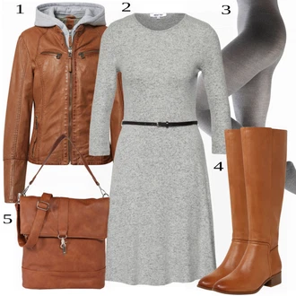 Výstřih na ramena Midi Outfit s Šedá/Světle šedá Šaty s Kapsou/Svetrové Šaty/Šaty s Páskem/Tvidové šaty/Šaty s 3/4 Rukávem/Šaty Fit & Flare/Sakové Šaty/Pletené Šaty/Business Šaty/Skater šaty/Zimní Pletené Šaty About You "Podzimní Vzhled"
