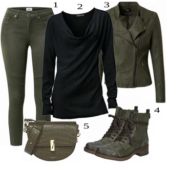 Italský Outfit s Tmavě zelená Motorkářské Bund/Kožené Bund Bunda z Umělé Kůže/Bunda s Bočním Zipem/Kožené Bund/Motorkářská bunda Only "Podzimní Vzhled"Look: Šik, Irský, Italský, Moderní, Univerzitní