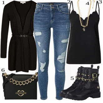 Outfit s Modrá Džíny/Kožená bunda/Dlouhá tylová sukně/Dlouhé Kardigany/Dlouhý Zimní Kabát/Zvonová Kalhoty Only "Vkusný podzimní outfit"