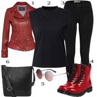 Outfit s Červená/Tmavě červená Kozačka Motorkářská bota/Motorkářská Bota/Plochá Kotníková Bota/Nepromokavá Kozačka/Kožená bunda/Bojová Bota/Gumová Kotníková Bota/Šněrovací Kozačka/Klasická Kozačka Dockers by Gerli "Podzimní Ležérní Outfit"