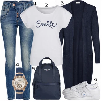Nadrozměrné Zapínání na knoflíky Outfit s Tmavě modrá Pletenina veľkej veľkosti/Šaty Móda Pro Plnoštíhlou Vila "Cool každodenní outfit"Look: Kancelář, Old Money, Příliš oblečený, Nadrozměrné, Univerzitní