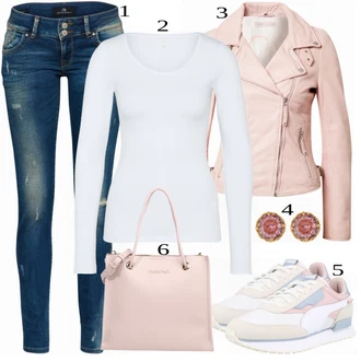 Outfit s Bílá/Růžová/Fialová Kožená bunda/Kotníková Bota/Motorkářské Džíny/Džíny s Rozparkem/Džíny s Dírou/Džíny s Nízkým Sedem/Džín s Nízkým Pasem/Patchworkové Džíny/Slim Fit Džíny/Navlékací džíny/Kožená Pánská Bund LTB "Praktický vzhled"