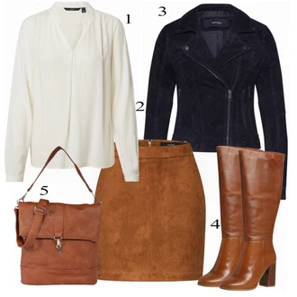 Párty Outfit s Hnědá/Tmavě hnědá Krátká Sukně/Sukně z umělé kůže/Manšestrová sukně/Kožená Sukně Kožená Minisukně/70tá Léta Minisukně/Kožená Sukně VERO MODA "Podzimní Oblečení"Look: Bar, Karneval, Koncert, Festival, Matriční úřad, Párty