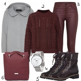 Outfit s Tmavě červená/Vínová/Fialová/Růžová Kožená bunda/Kotníková Bota/Motorkářské Džíny/Capri Džíny/Zkrácené Džíny/Džíny s Rozparkem/Slim Fit Džíny/Kožené Boty/Termální Džíny/Kožená Pánská Bund Vila "Izabella"